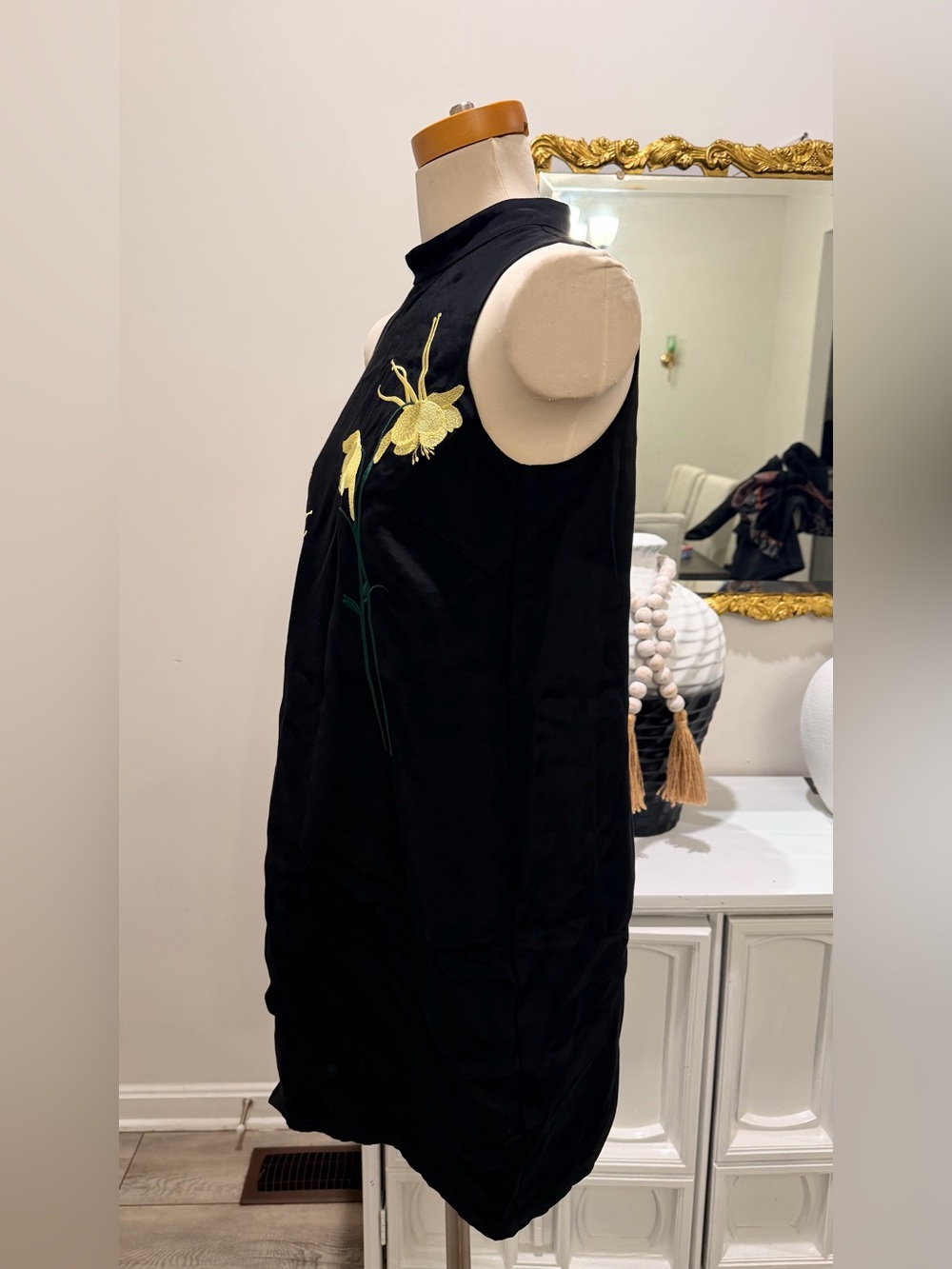 Black Sleeveless Shift Dress with Yellow Floral Embroidery — Women - Picture 3 of 13